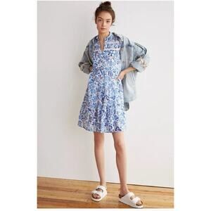 Anthopologie Women's Blue White Short Sleeve Button Front  Size M